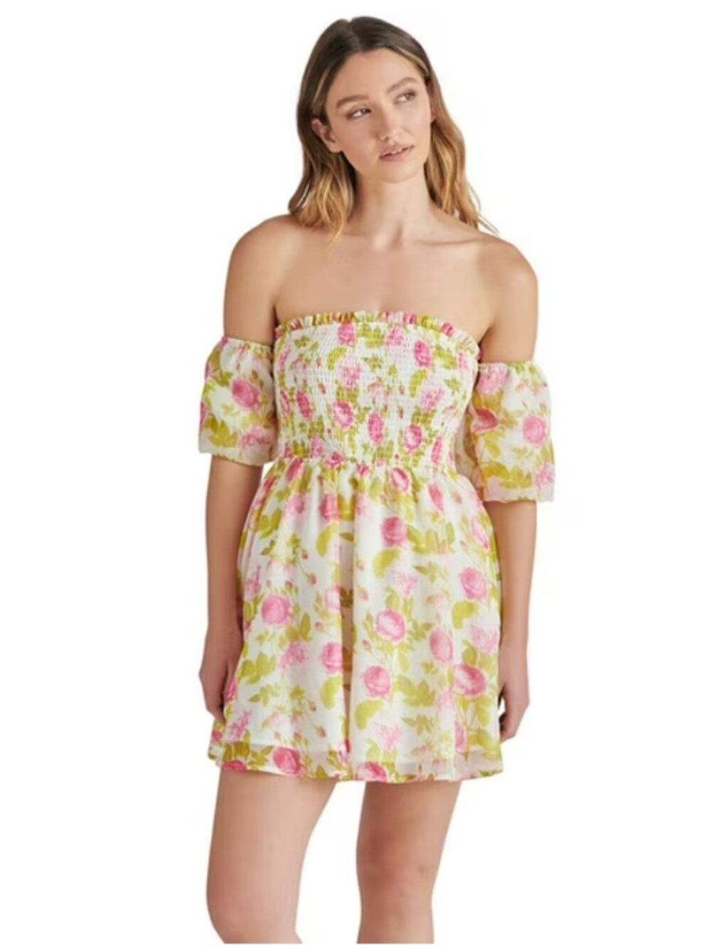Betsy Johnson Puff Sleeve Lined Mini Dress In Pink Floral Size Large NWT